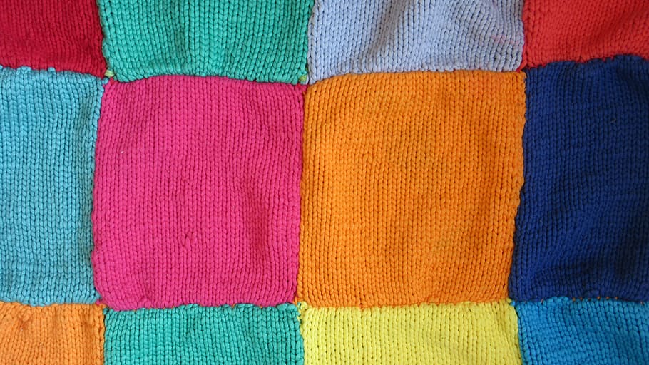 multicolored rug, wool, blanket, squares, colorful, color, knitted, texture, pattern, background