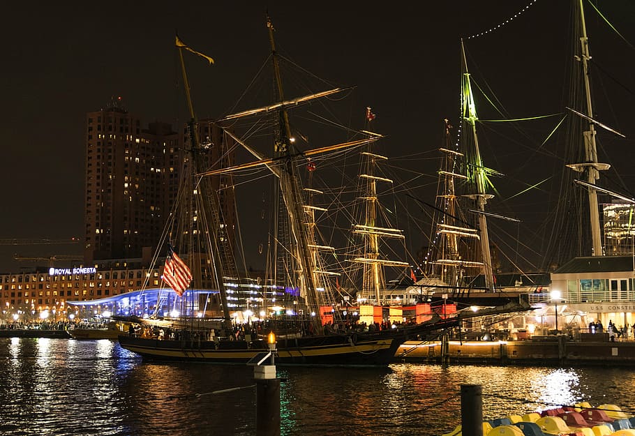 baltimore, noc, soumrak, město, městský, loď, přístav, vnitřní přístav, světla, Maryland, budova