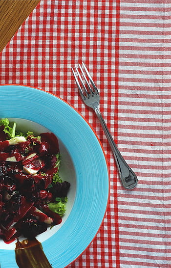 inossidabile, forcella in acciaio, accanto, piatto, acciaio, forchetta, insalata, lattuga, cibo, salutare, tovaglia