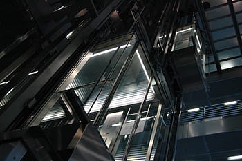 glass building, elevator, urban, city, buildings, metal, lights, modern, architecture, built Structure, steel