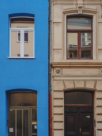 two, blue, beige, concrete, buildings, architecture, building, infrastructure, door, window, apartment
