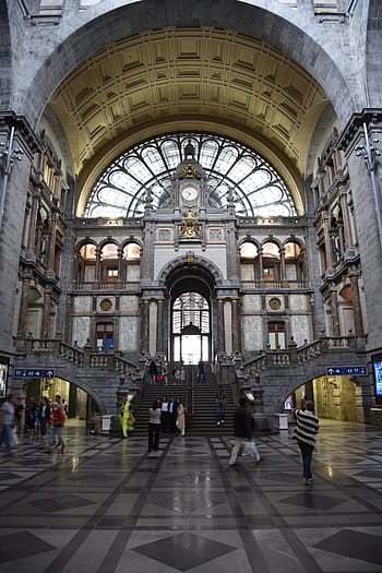 antverpy, nádraží, Antverpy, vlakové nádraží, centrální stanice, antwerpen centraal, Belgie, oblouk, architektura, velká skupina lidí, uvnitř, hodiny