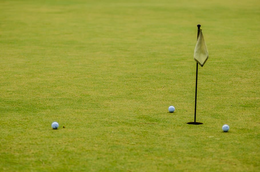 three, golf balls, green, grass, daytime, golf, course, landscape, ball, balls, flag
