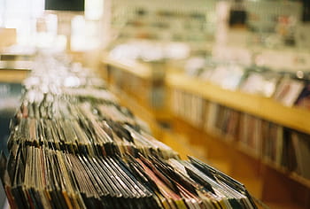 nepojmenovaná, obchod, hudba, vinyl, hromádky, sbírka, maloobchodní, uvnitř, police, supermarket
