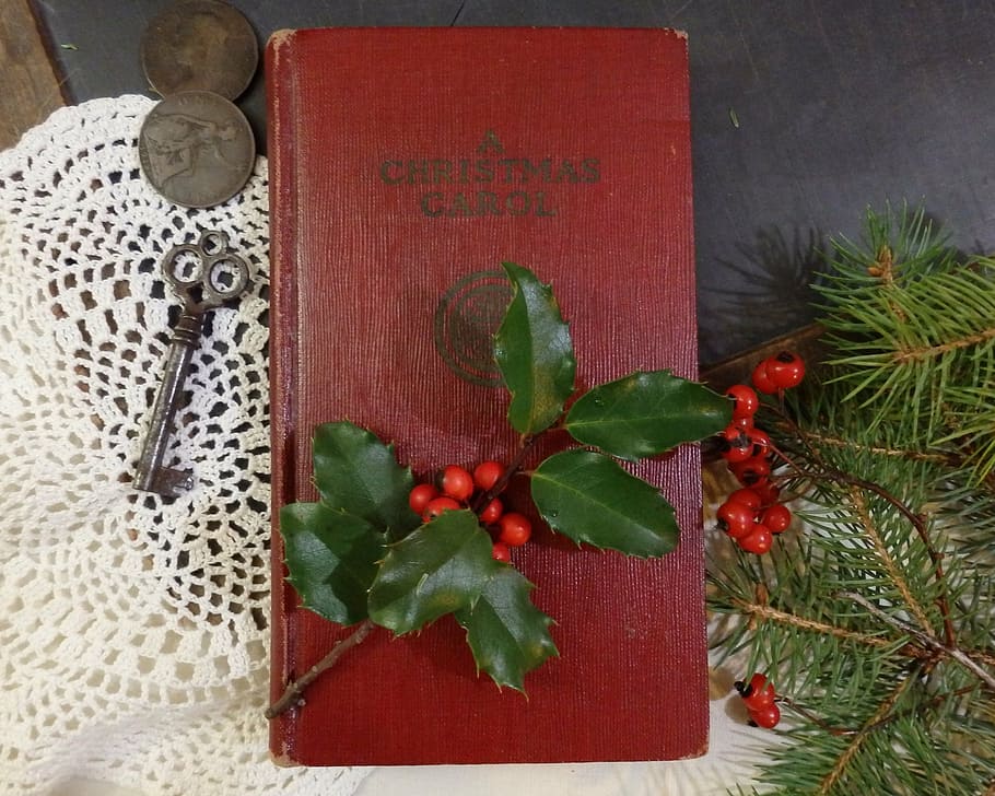 green, leaves, red, book, key, old, christmas, carol, wood - Material, decoration