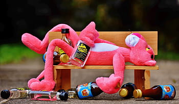 pink, panther, plush, toy, lying, bench, the pink panther, drink, alcohol, drunk, bank