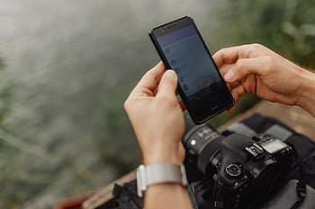 ponsel, telepon, tangan, pria, layar, teknologi, smartphone, menggunakan, danau