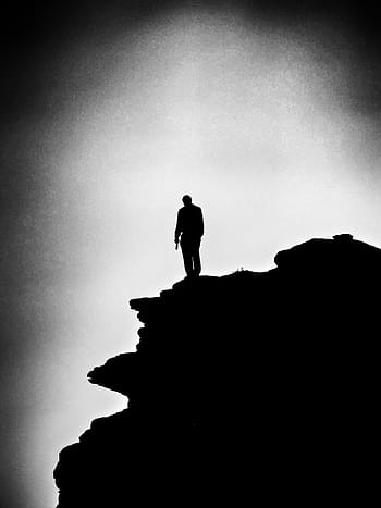 fotografie ve stupních šedi, muž, horní, hora, samotář, sama, Skála, stojící, Černý a bílý, b w, temný
