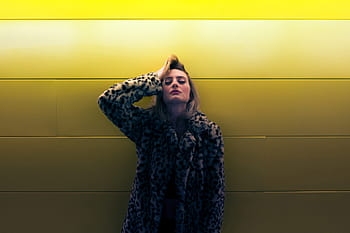wearing, coat, standing, yellow, wall, Woman, people, fashion, girl, women, outdoors