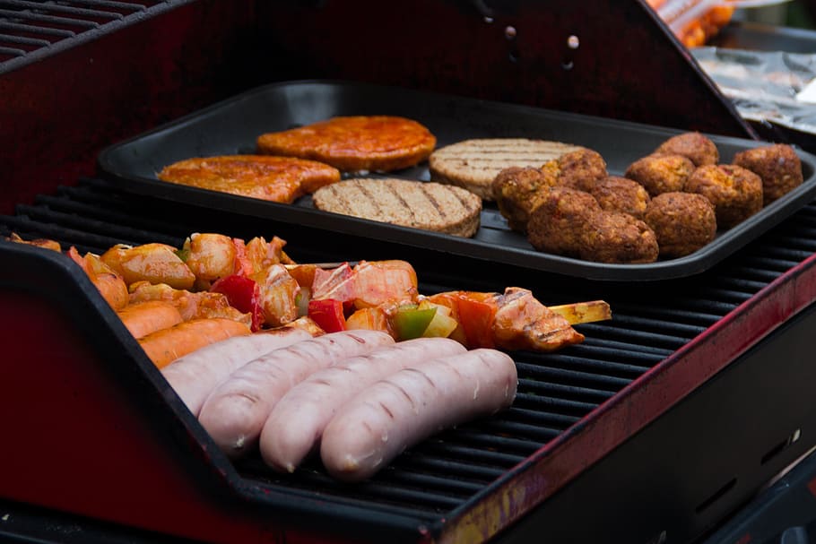 grigliato, salsicce, tortini, bbq, festa, cibo, carne, vegetariano, salsiccia