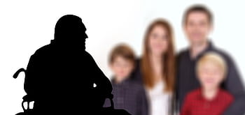 silueta, muž, hledá, skupina, lidé, alzheimerovou chorobou, demence, invalidní vozík, člověk, žena, abstraktní