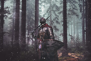 knight, gloomy, mystic, sword, shield, atmosphere, fantasy, montage, story, forest, mysterious