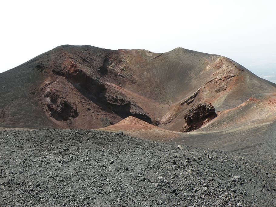 the crater, volcano, etna, ash, slag