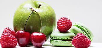 red, cherry, craspberry, granny smith apple, apple, raspberries, cherries, macarons, fruit, fruits, healthy