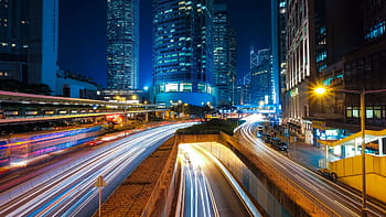 časosběrné fotografie, město dálnice, Hongkong, město, městský, mrakodrapy, budov, moderní, provoz, contrails, ulicích
