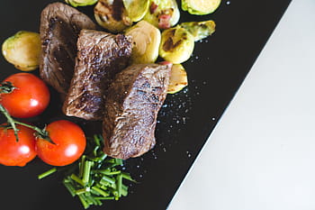 beef steaks, vegetables, Beef, steaks, brussel sprouts, cherry tomatoes, close up, healthy, meat, steak, food