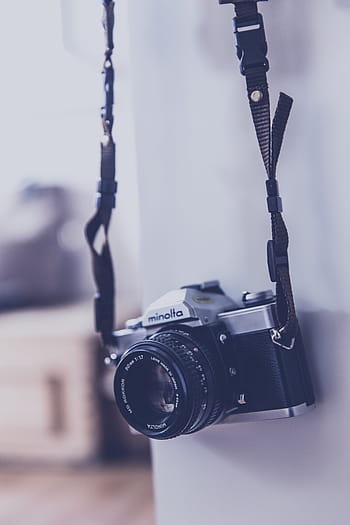 hanging, black, gray, minolta camera, analog, antique, exposure, body, camera, chrome, classic