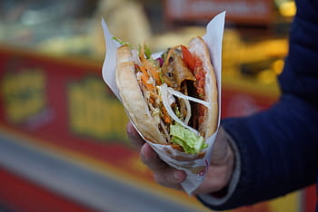osoba, hospodářství, hamburger, fotografování posunu, doner kebab, ostrý, jídlo, vegan, kebab, vegetariánský, chilli