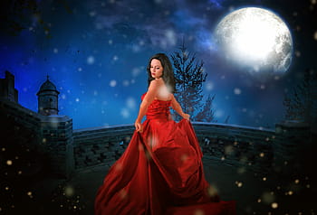 woman, wearing, red, dress, bridge, princess, castle, moon, full moon, half moon, forest