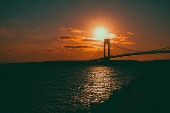 suspension bridge, body, water, golden, hour, sunset, ocean, sea, beach, clouds, sky