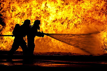 two, fireman, blowing, water, using, hose, fire, firefighters, training, live, silhouette