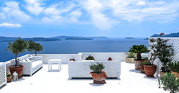hnědý, hrnkové, zelená, rostlina, tělo, voda, Řecko, moře, výhled na moře, terasa, santorini