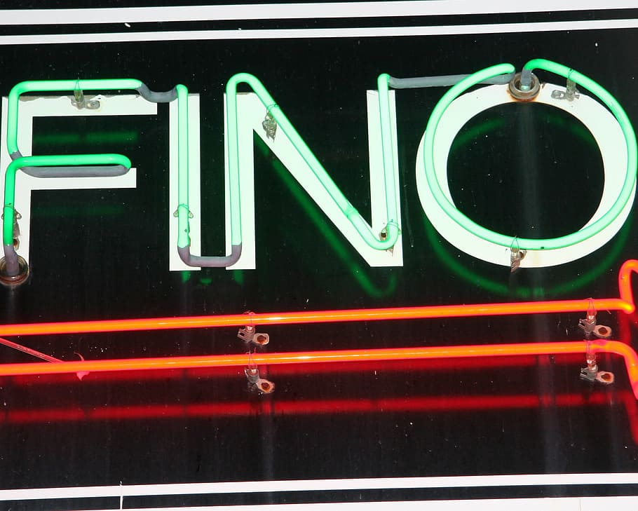 neon sign, fino, neon, light, illuminated, night, glow, alphabet, restaurant, signage, sign