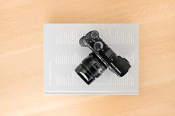 Černá, dslr fotoaparát, horní, rezervovat, Fotoaparát, objektiv, fotografování, stůl, kancelář, podnikání