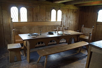 obdélníkový, hnědý, dřevěný, jídelní stůl, nerez, ocelový plech, horní, soubor, bach ritterburg, rytířský hrad, hrad