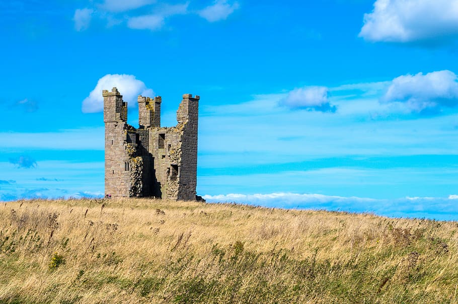 šedá, beton, hrad, pole, během dne, zřícenina, věž, krajina, hradní věž, nebe, dunstanburgh