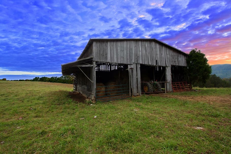 barn, sunset, rural, landscape, nature, farm, sky, agriculture, country, countryside, grass