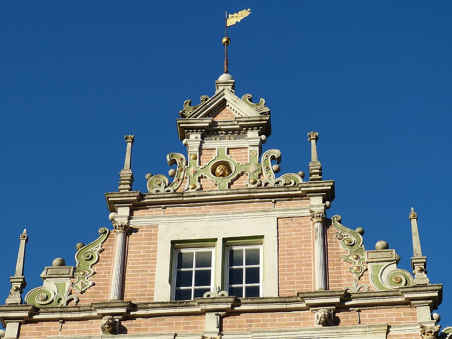 hamelin, budova, fasáda, štít, staré Město, Domov, vlajku, historicky, pilíř, architektura, modrý