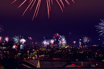 fireworks display, night, architecture, building, infrastructure, city, urban, lights, skyline, fireworks, party
