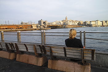 žena, sedící, lavice, tělo, voda, Istanbul, ženy, galata, samostatný, sedět, b přidat