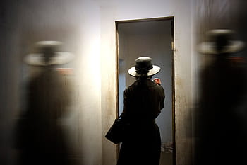 Menschen, Mädchen, allein, schwarz, Hut, Mode, Innerhalb, Wand, Tür, dunkel