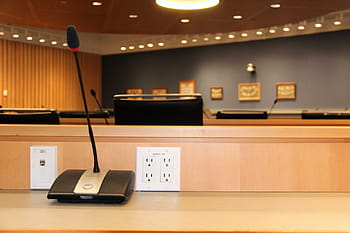 black, conference microphone, beige, wooden, table, microphone, panel, conference, room, equipment, technology