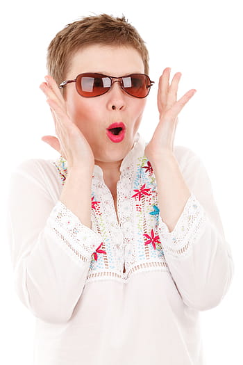 shocked, woman, wearing, sunglasses, Cute, Fashion, Female, Girl, surprised, isolated, hand