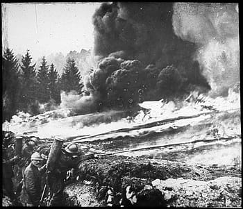 soldiers, making, gas, flame attack, german trenches, French, flame, attack, German, trenches, World War I