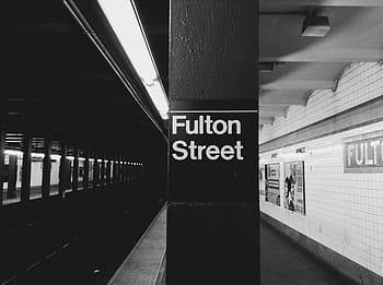 grayscale, fulton, street, train, station, sign, people, signage, Fulton Street, NYC, subway