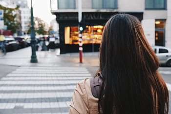 selective, focus photography, woman, walking, pedestrian, lane, people, urban, city, building, establishment