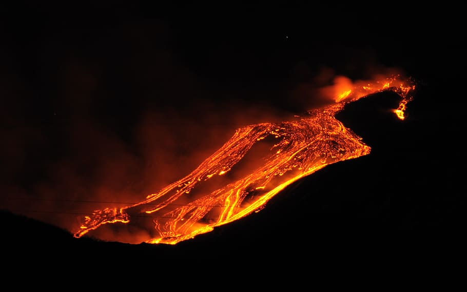Etna, sopka, Paroxysmal, erupce, jan, 2011, kreativní commons, Pohled, tekoucí, láva, noc