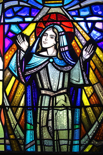 blue, red, yellow, religious, figure, stained, glass, stained glass, church window, colored glass, church