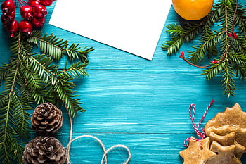 shot, christmas-themed table, Overhead, Christmas, themed, table, various, xmas, decoration, winter, branch