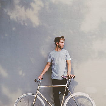 man, wearing, gray, crew-neck shirt, guy, bike, bicycle, lifestyle, adult, male, cycle