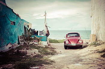 rot, volkswagen käfer, Strand, tagsüber, Auto, Volkswagen, alt, Käfer, Mexiko, Straße, Tour