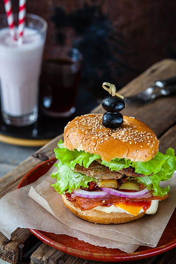 hamburger, kolo, Červené, keramický, deska, kavárna, oběd, výživa, Chutný, restaurace, detailní
