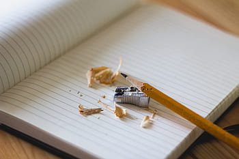 notebook, paper, pencil, sharpener, business, creative, office, desk