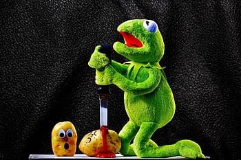 kermit žábu, brambory, nůž, kečup, krev, vražda, legrační, kermit, žába, roztomilý, zábava