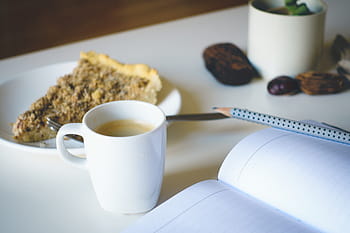 cake, coffee, Journaling, drink, espresso, white background, cup, breakfast, food, coffee - Drink, table