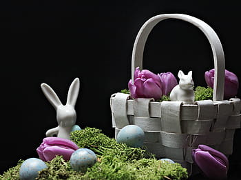 white, rabbit, ceramic, figurine, woven, basket, hare, easter bunny, easter, spring, figure